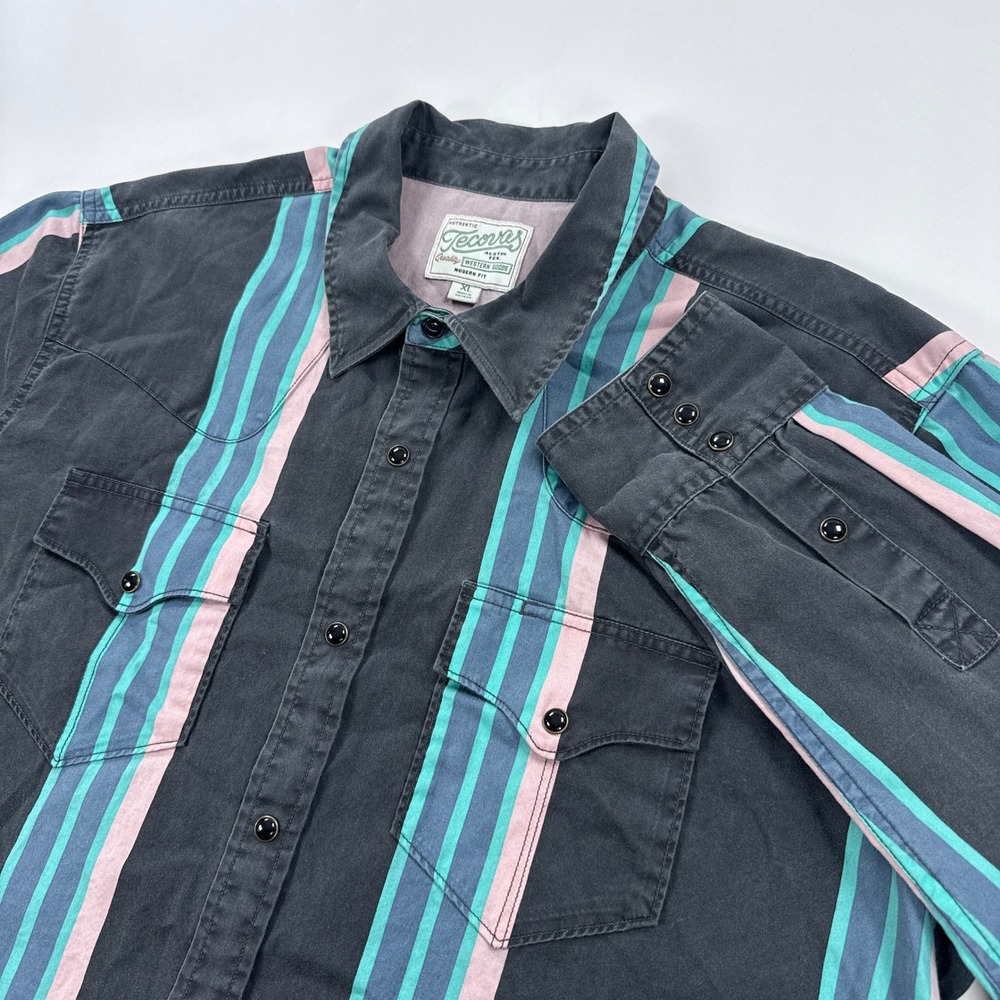 Tecovas Mens Western Snap Shirt XL Black Teal Pink Striped Modern Fit Pearl Snap